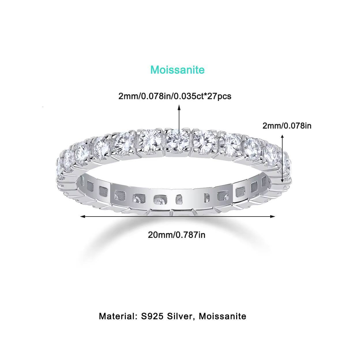 2mm Moissanite Eternity Band Ring S925 Sterling Silver Square Design Wedding or Anniversary Gift for Women