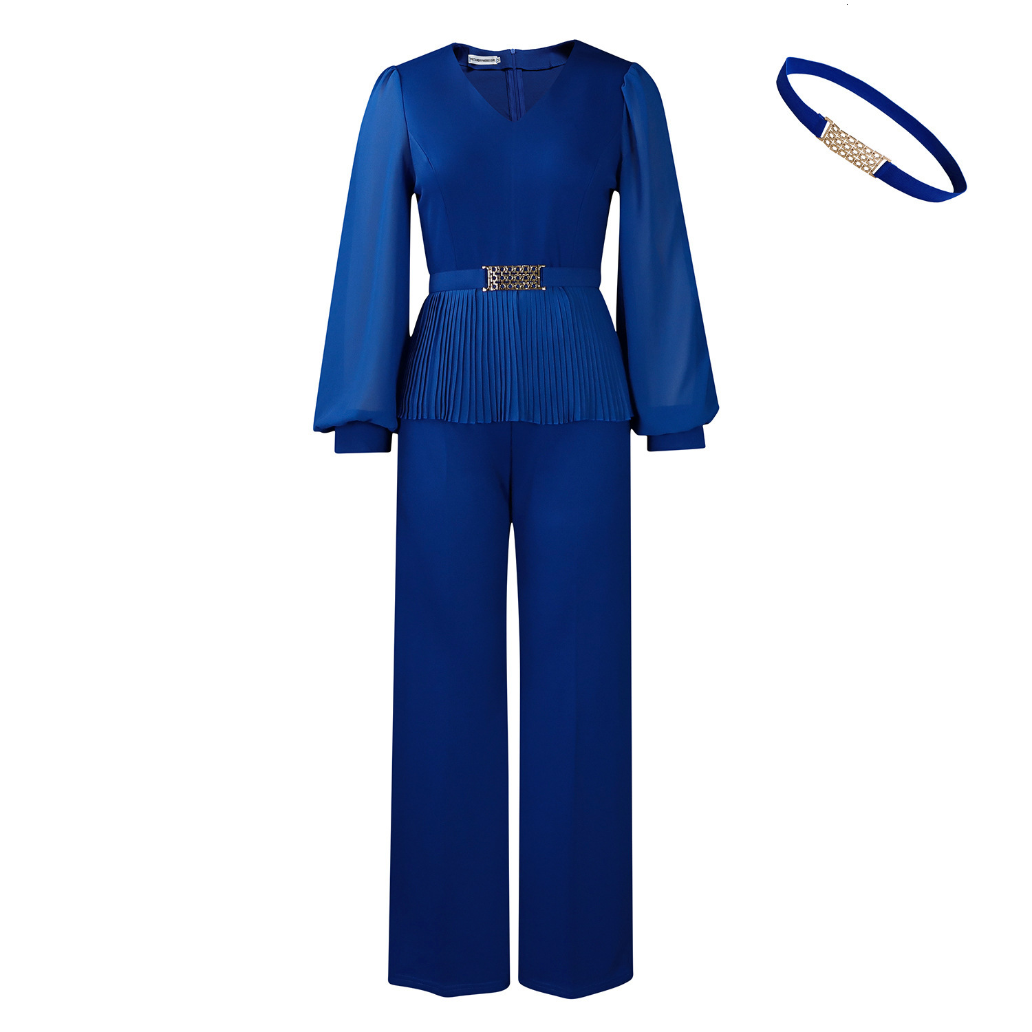 D555 Womens Elegant Fashion Office V-neck Long Sleeve Pleated Waist Top Wide-leg Pants Set