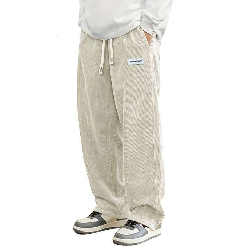 Autumn Mens Corduroy Casual Fashion Loose Fit Pants Straight Sweatpants Elastic Waist Drawstring Outdoor Streetwear