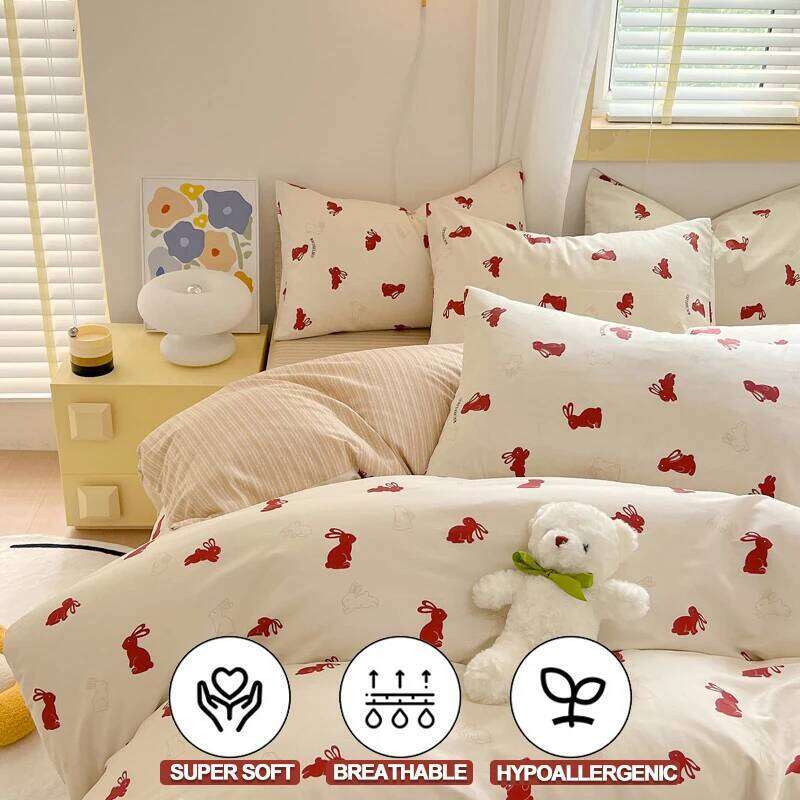 100% Cotton Set Set- Red Bunny & Striped Design Duvet Cover with 2 Pillowcases, Soft Breathable Bedding H260312