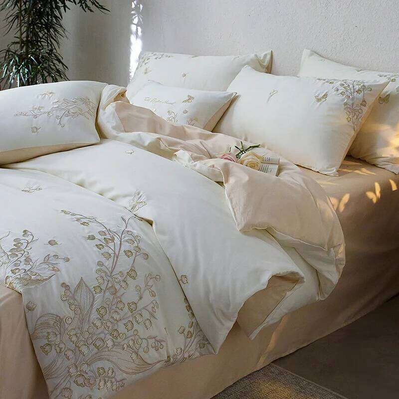 Elegant Lily of the valley Embroidery Bedding 600TC Egyptian Cotton Duvet Cover Set Bed Sheet/Fitted Sheet Pillowcases 4Pcs H260312
