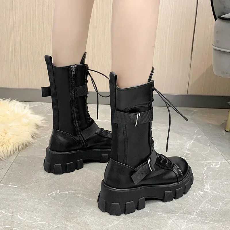 Womens Mid Length Boots 2025 Autumn New British Thick Soled High Rise Mid Length Boots Fashionable Plus Size Motorcycle Boots S260312