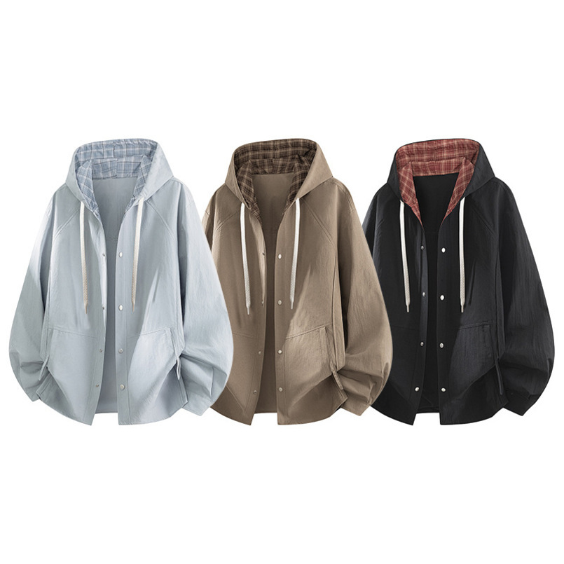 ChaoWai Spring New Japanese Style Trendy Brand Solid Color Pocket Hooded Shirt Retro Couple Casual Loose Jacket