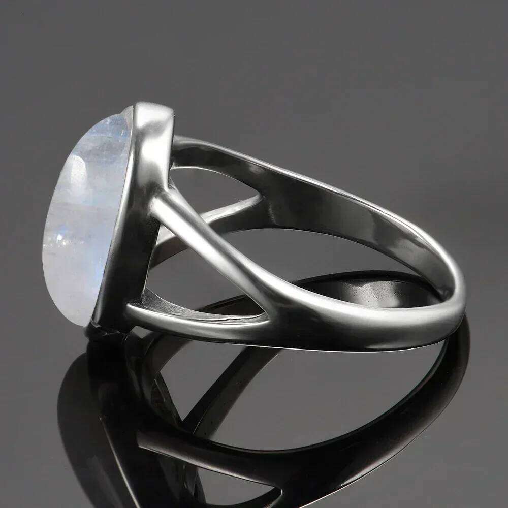 925 Sterling Silver Ring Natural 10*14mm Moonstone Rings Oval Large Gemstone Vintage Fine Jewelry for Women Men H260312
