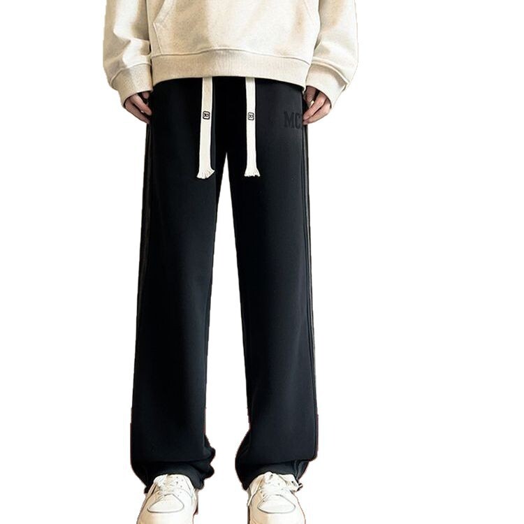 New Autumn And Winter Casual Pants For Men Striped Fleece-lined Designer Pants Wide-leg Pants Trendy Loose Straight-leg Sports Thickened Sweatpants