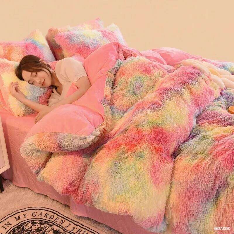 1pc Extra large bedding seasonal plush 4-piece set soft and thick down duvet cover velvet bed sheet rainbow style H260312