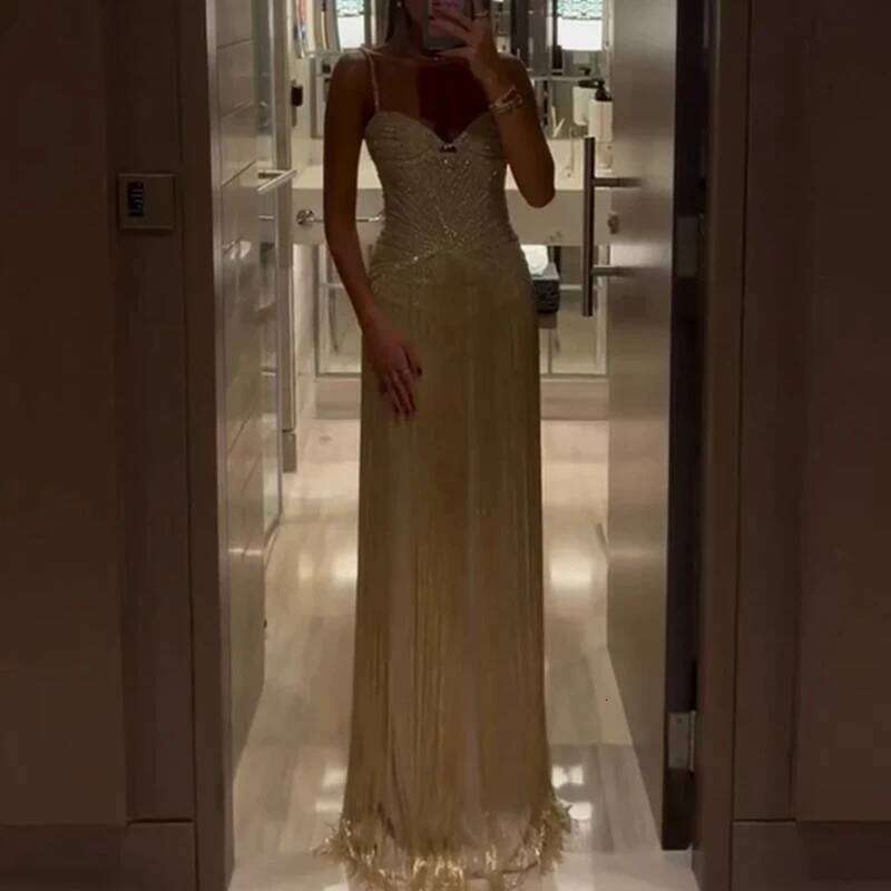 New 2026 Women's Banquet President Fashion Sequin Tassel Slim Cocktail Elegant Temperament Off Shoulder Strap Dress C260312