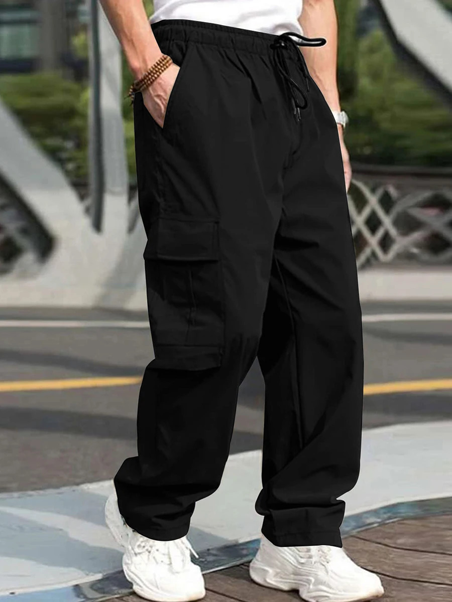 Men s Loose Cargo Long Pants Solid Color Drawstring Waist Straight Leg Trousers Casual Work Pants with Pockets 260311
