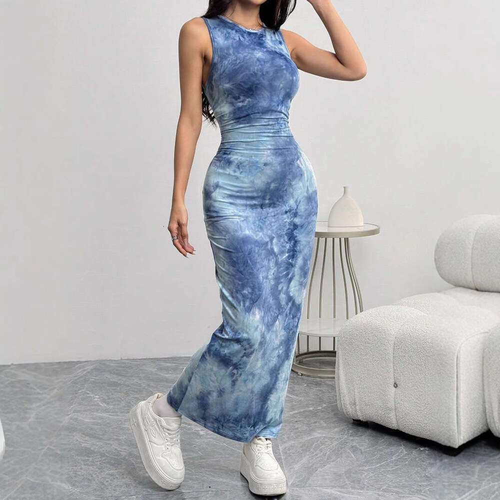 In Stock European and American 2025 Spring Summer Export Women's Sexy Sleeveless Printed Mid-Length Slim Fit Tank Dress for Women
