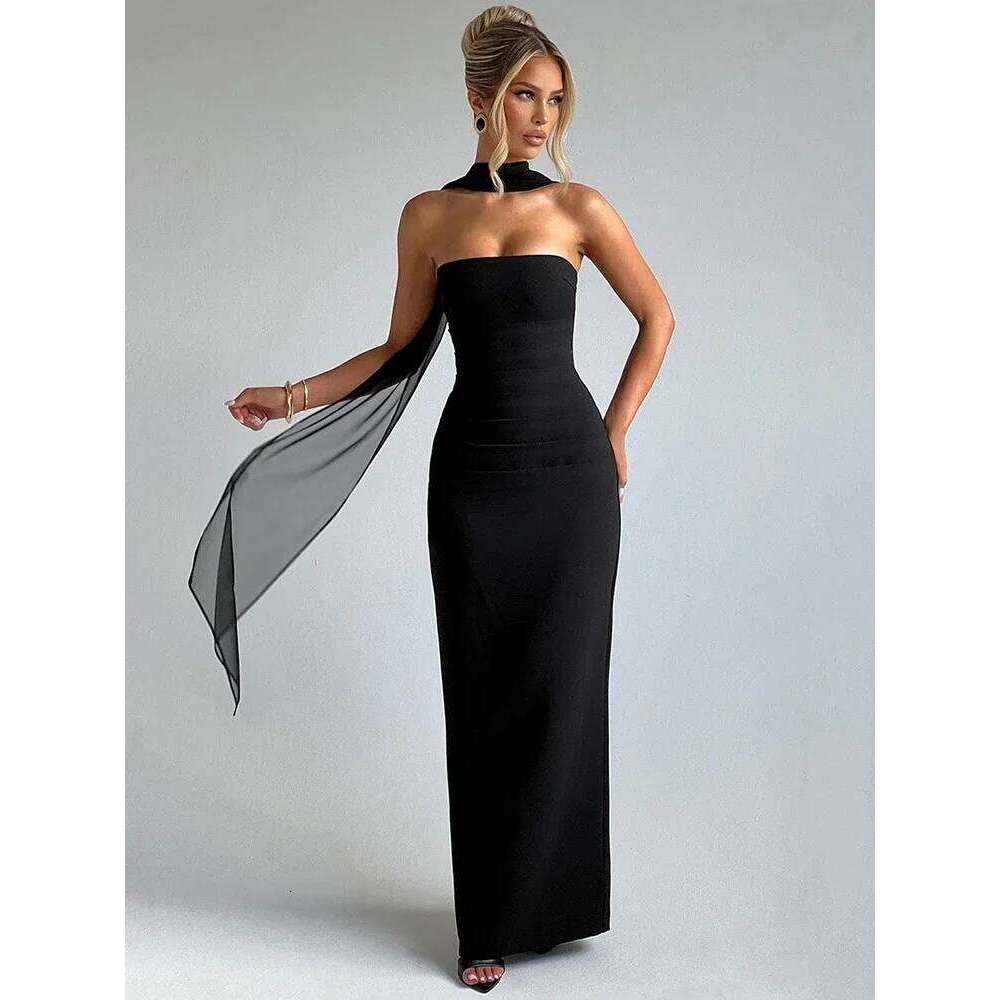 Scarf Collar Strapless Sexy Maxi For Women Fashion Off-shoulder Backless Bodycon Club Party Long Dress Elegant C260312