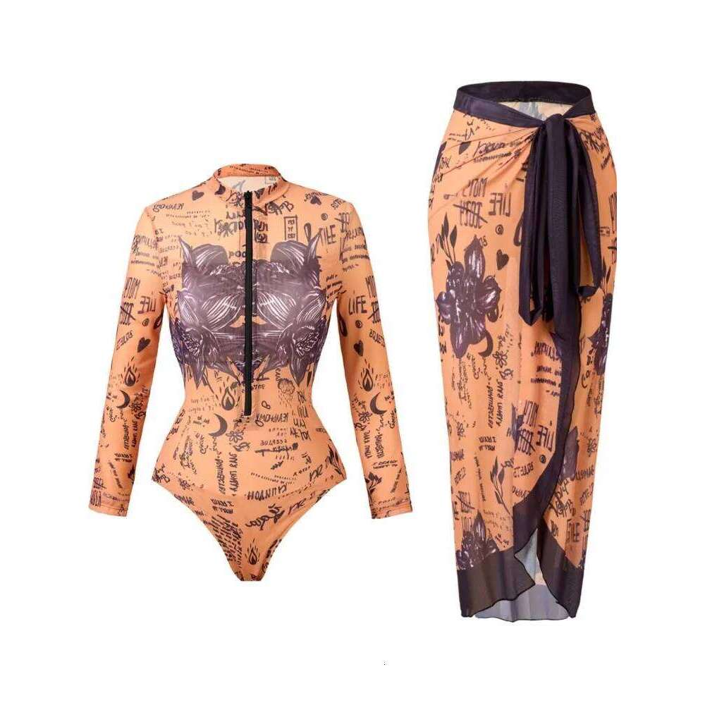 Mesh Retro Bikini Printed Fashion One Piece Swimsuit And Cover Up With Skirt Tight Women's Bandage Summer Beach Luxury Elegant Y260303