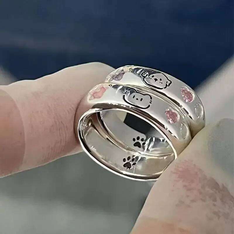 2PCS Korean Sliver Color Zircon Cute Dog Rings for Women Simple Cat Cartoon Couple Ring Fashion Best Friend Jewelry W260311