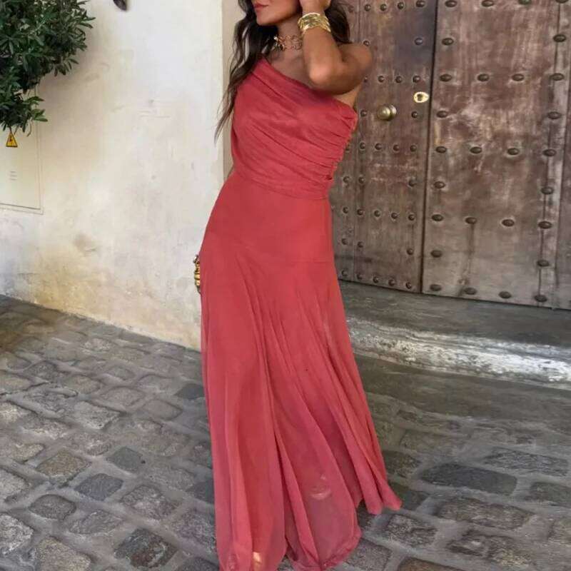 Sexy Sleeveless Commuter Fashion Hight Waist Strapless Slim Long Women Elegant Mesh Splicing Solid Color Party Dress C260311