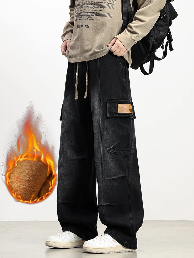 Mens Winter Fleece Cargo Jeans with 5 Pockets Wide Leg Straight Baggy Brushed Warm Denim Pants Asian Size L6XL 260228