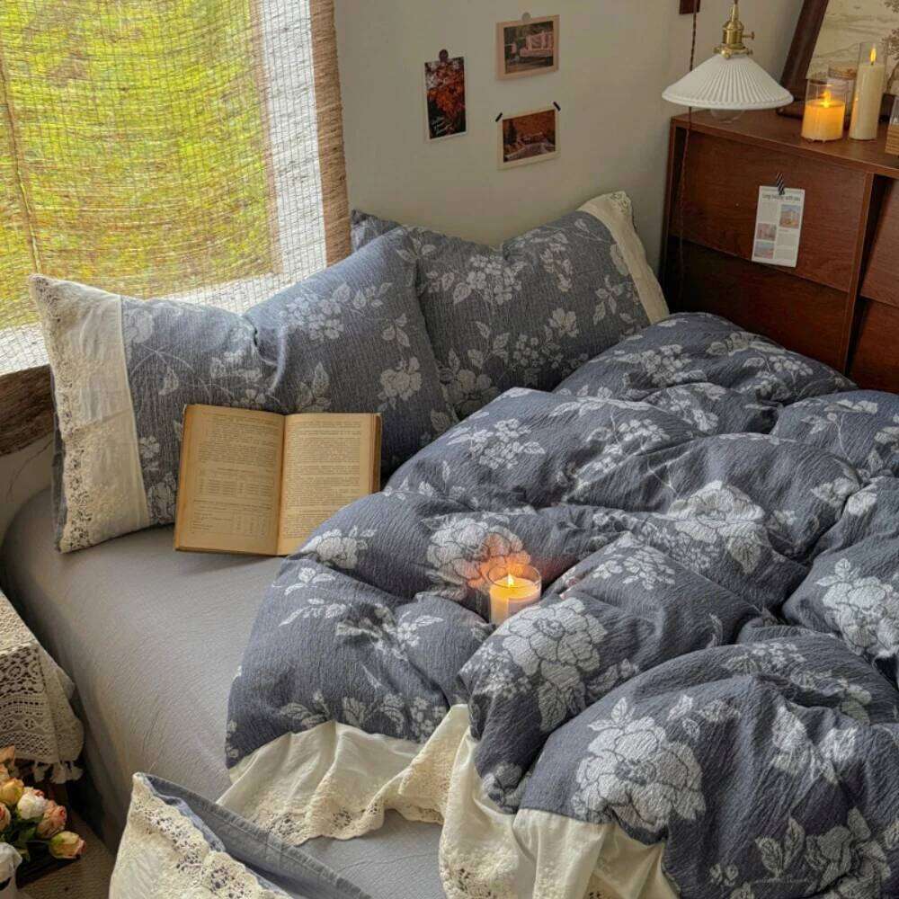 French Retro Printed Ruffled Four-Piece Comfortable Bedroom Decor Bedding Set Duvet Cover Bed Sheet Pillowcase Home Textiles H260312
