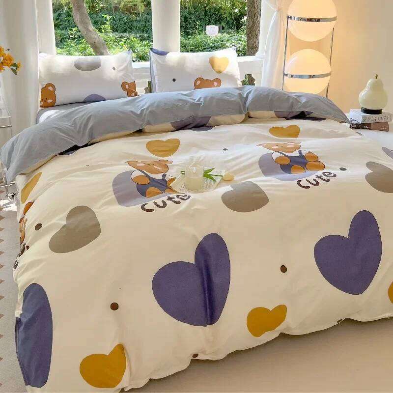 Kawaii Bear Printed Floral Duvet Pillowcase Bedding Set Cute Dog Bed Linen Sheet Quilt Cover Full Queen King Size H260312