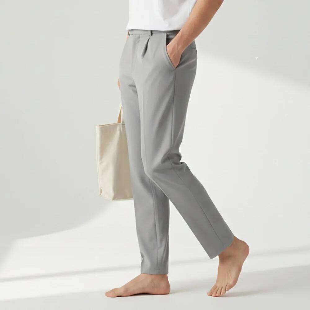 Men's Casual Straight Leg Dress Pants Korean Fashion Solid Color Semi Elastic Waist Business Trousers Spring Summer Clothing
