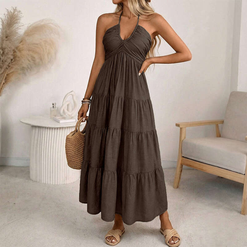 Cross-border European and American 2026 new summer casual ruched backless halter neck strap dress women's clothing