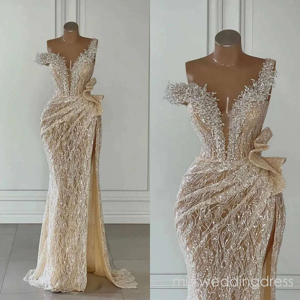 Luxury Sequins Mermaid Wedding Dresses One Shoulder Bridal Gowns Crystal High Split Custom Made Bride Dress Vestidos De Novia