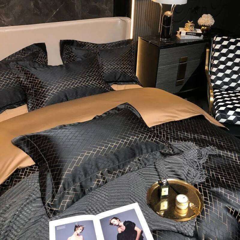4/6Pcs Black Gold Yarndyed Jacquard Egyptian Cotton Smooth Duvet Cover Cal King Bedding Set Flat/Fitted Sheet Pillowcases H260312