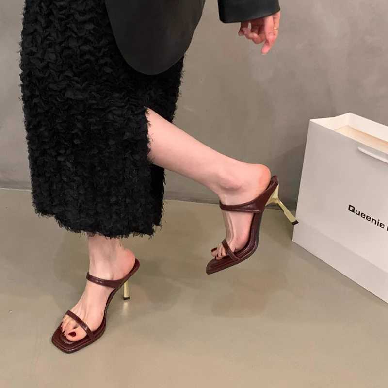 SUOJIALUN 2024 Summer New Women Slipper Fashion Narrow Band Ladies Elegant Slides Thin High Heel Open Toe Slip On Sandal P K260312