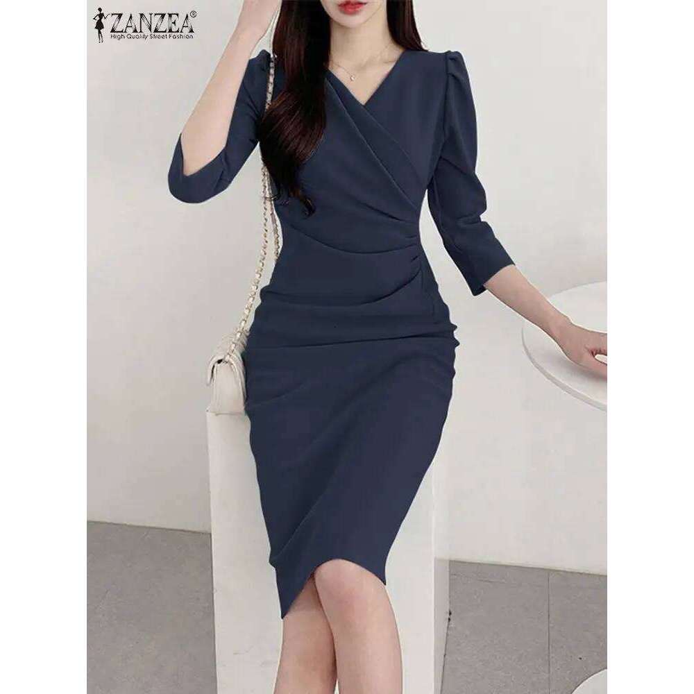 ZANZEA Summer Fashion Womens Dress Sexy Solid Color Knee Length Bodycon Sundress Elegant 3/4 Sleeve V-Neck Work OL Vestidos 2025 C260311