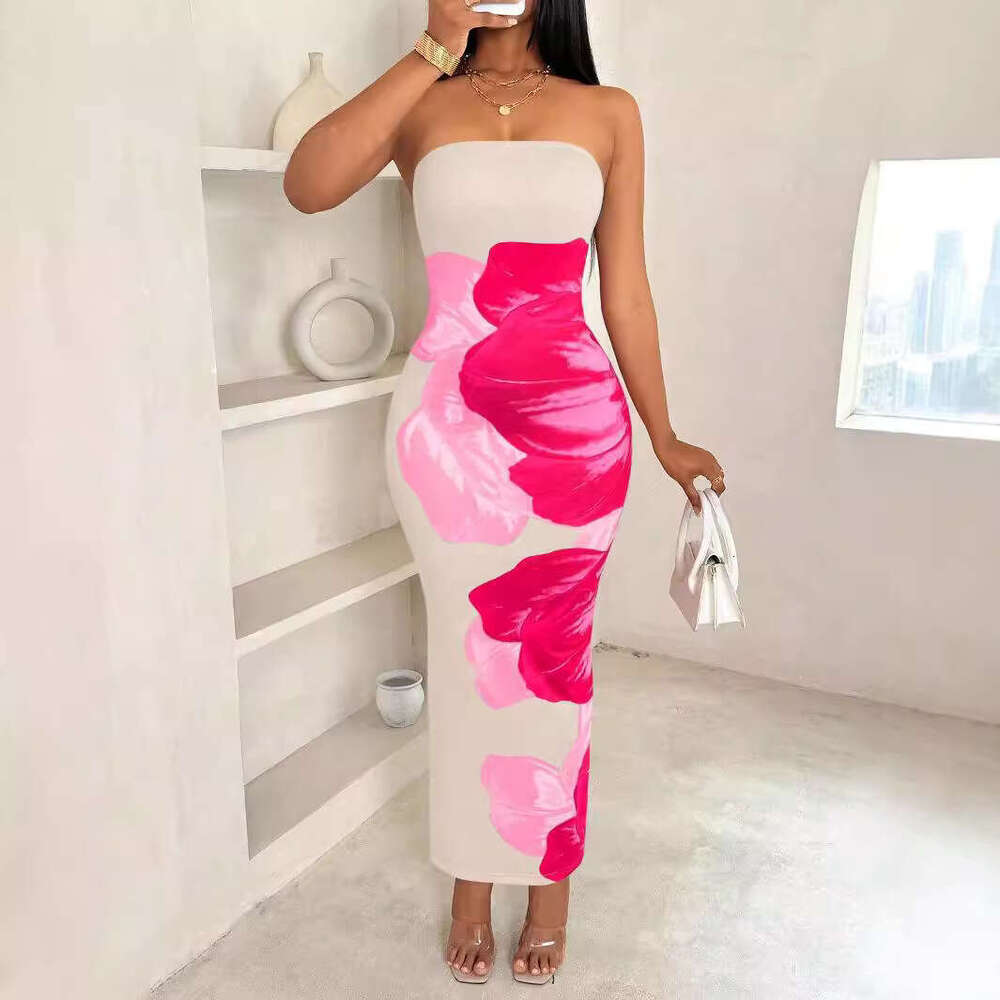 2025 European American cross-border new model Shein women's slim-fit off-shoulder dress with contrasting floral print, elegant and fashionable