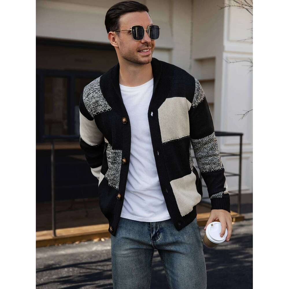 Men's Autumn Winter Cardigan Sweater, Black-White-Gray Plaid Color Block, Casual and Versatile Knitted Jacket