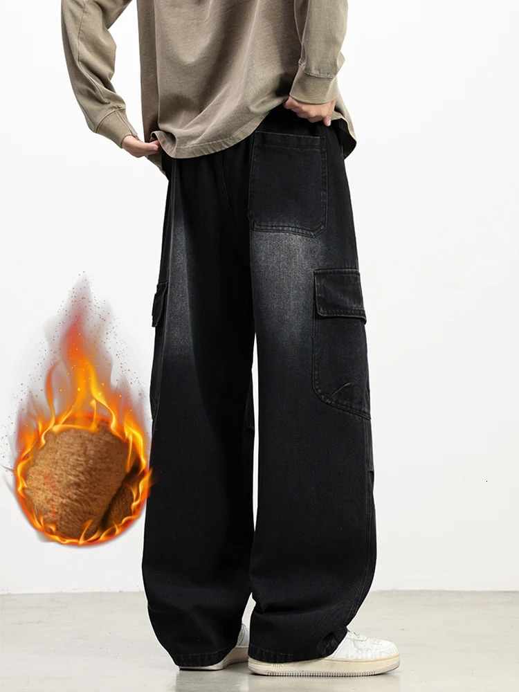 Mens Winter Fleece Cargo Jeans with 5 Pockets Wide Leg Straight Baggy Brushed Warm Denim Pants Asian Size L6XL 260228