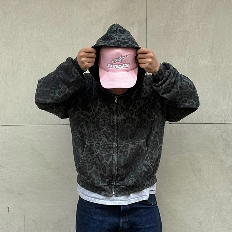 Mens Leopard Print Hoodie Autumn Winter Gothic Streetwear Zip Up Jacket Vintage Denim Kangaroo Pocket Loose Fit Fashion 260311