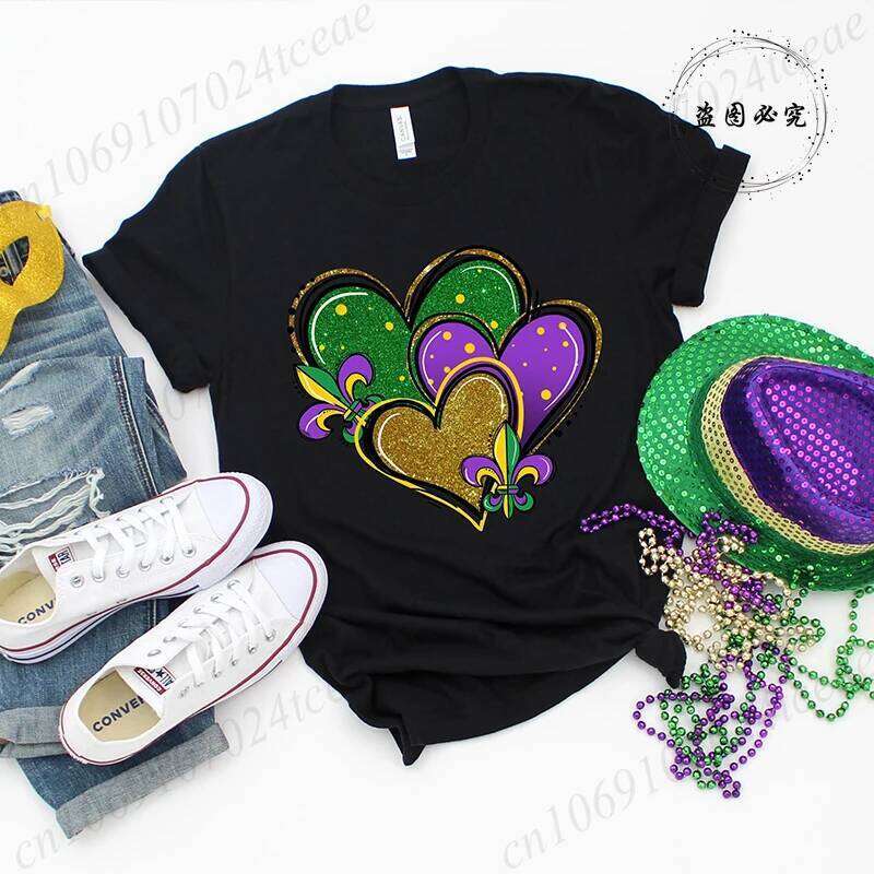 Mardi Shirt for Woman,Mardi Gras Heart T-Shirts,Fat Tuesday Shirt,short Sleeve Clothes,summer Fashion Women's T-Shirts Tops Z260312
