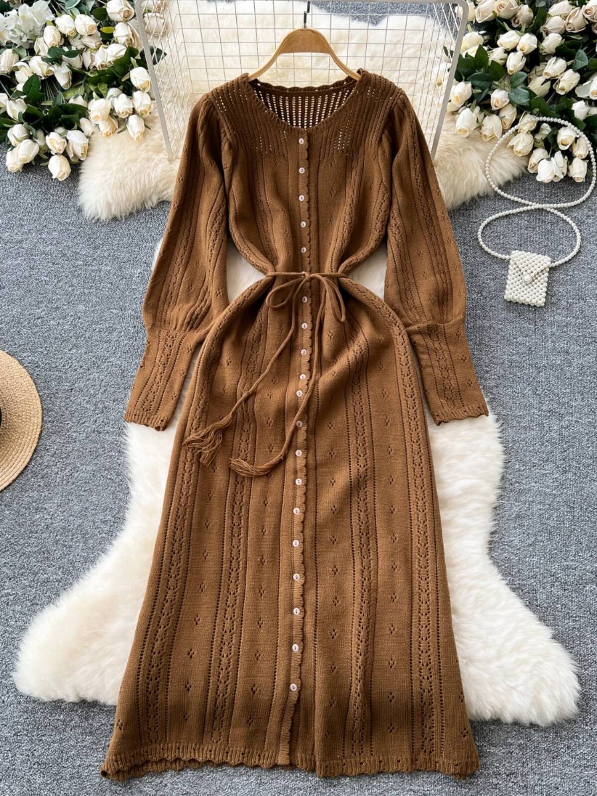 Sweet Hollow out Knitted Women's Autumn Winter High Lantern Sve Bindi Waist Long Dr Korean Sle Commute