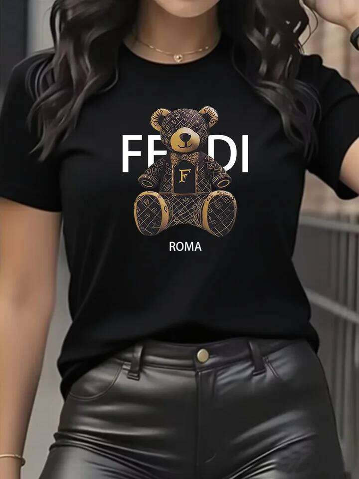 summer Graphic T-Shirt Short Sleeve Crew Neck with Soft Comfortable Spring Women's Light Blue Casual Teddy Bear Z260312