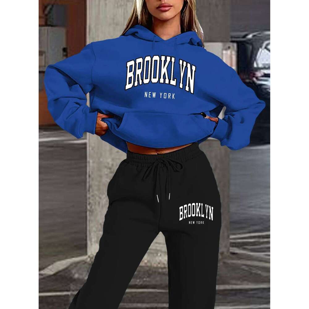 Women's autumn and winter fashion casual Brooklyn New York letter print with thick fleece warm hoodie+sweatpants set C260312