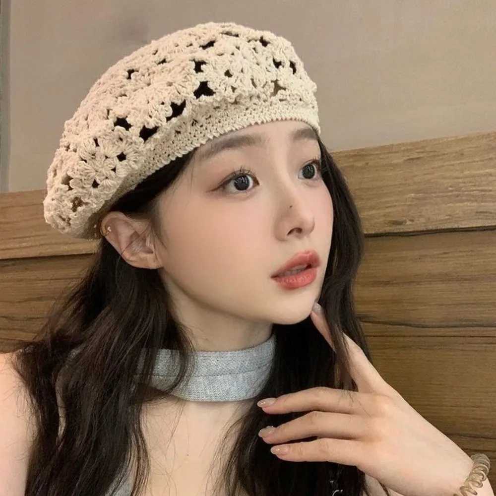 Brimless Breathable Flower Hat Japanese Style Thin Hollowed Out Beret All-match Headgear Crochet Knitted Cap Women H260312 - view 5