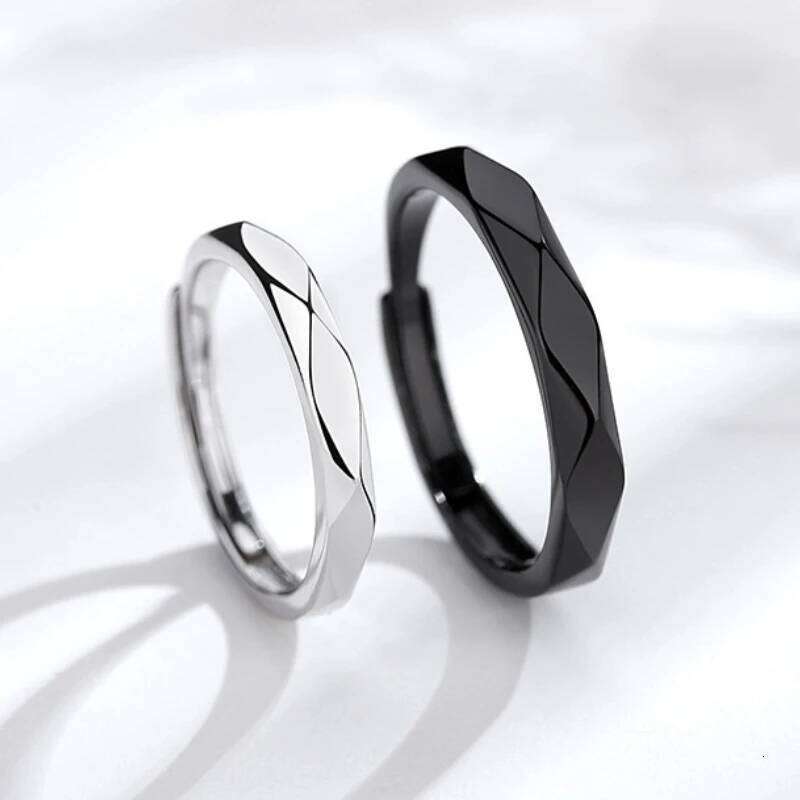 1Pair Simple Rhombus Rings for Women Men Black Sliver Couple Goth Luxury Opening Finger Ring Lover's Jewelry Gifts W260311