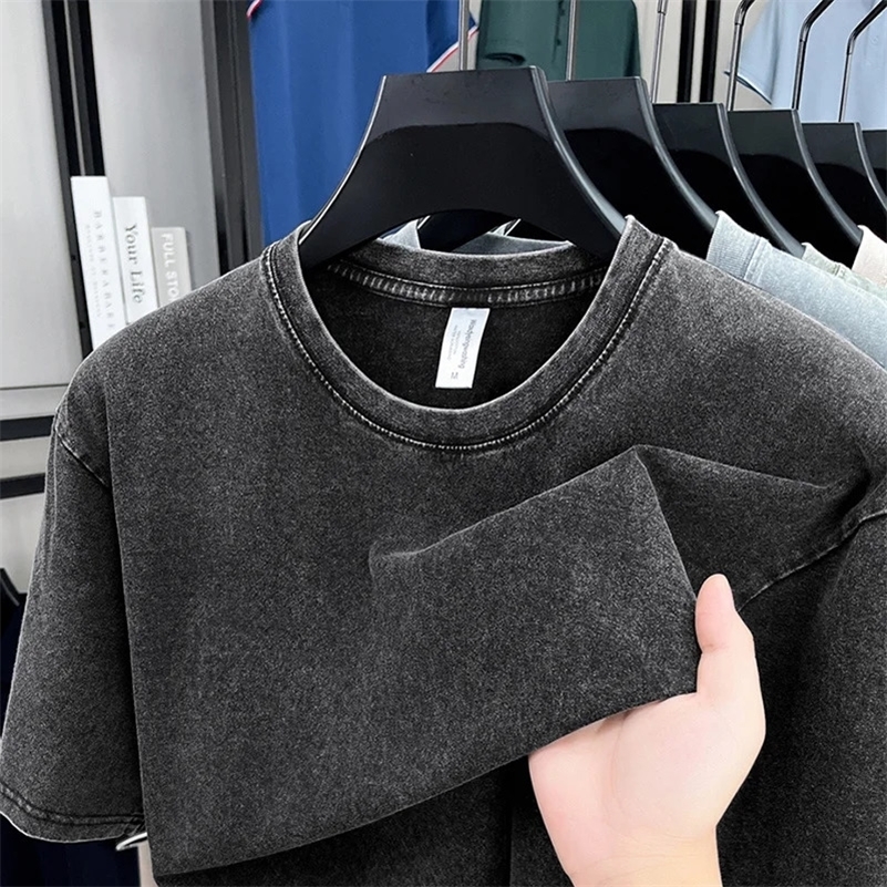 American Style Retro Heavyweight Solid Color Short Sleeved T-shirt Men Women Summer Street Trendy Washed Old Oversized Clothes 260227