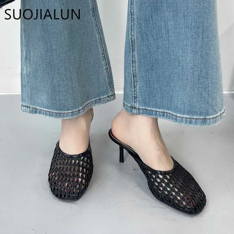 SUOJIALUN 2025 New Women Slipper Ladies Elegant Round Toe Slip On Mules Shoes Fashion Weave Thin High Outdoor Dress Sandal K260312