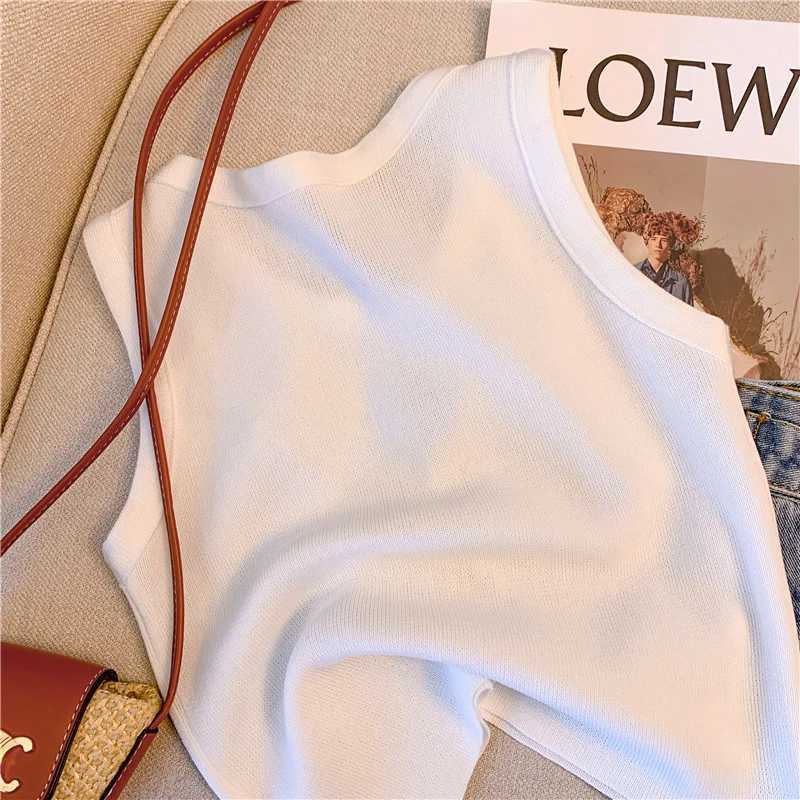 Flower Beaded Knitted Vest Sling Womens 2024 Summer High Quality Sweet Fashion Outer Wear Sleeveless T-Shirt TopT260312