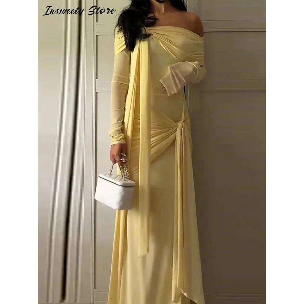 Elegant Solid Lace Up Dress Women's Off The Shoulder Long Sleeve Draped Dresses 2026 Spring New Female Chic Party Robes C260312
