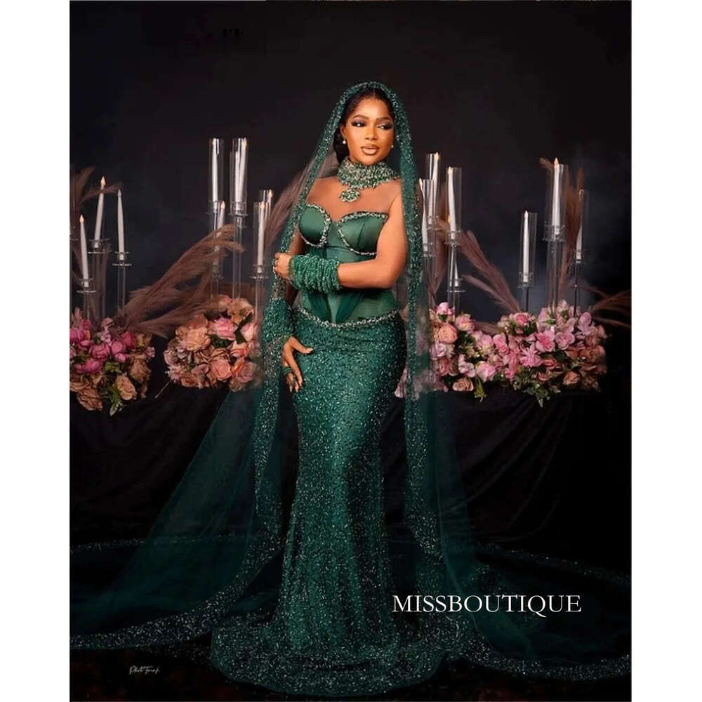 Emerald Green Aso Ebi Beaded Mermaid Prom Dresses For Elegant Bridal Party With Headdress African Crystal Special Ocn Gowns Vestidos B0312