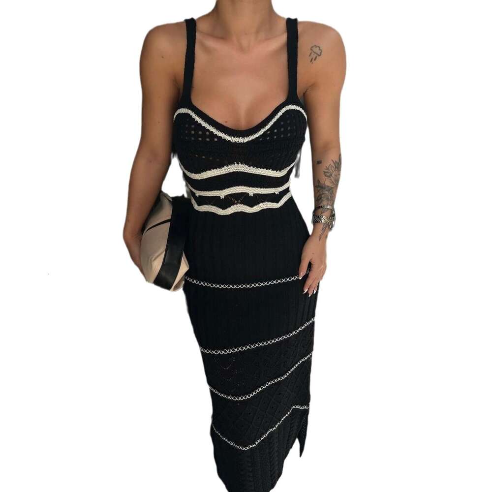 Summer Knitted Color-Block French Bohemian Strap Hollow Out Pure Desire Slim Fit Bodycon Long Dress High-End Feel