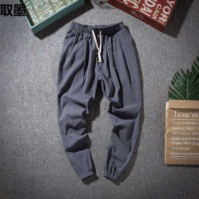 Spring Summer Thin Breathable Men Loose-Fit Straight-Leg Chinese Style Cotton Casual Linen Long Pants Pl