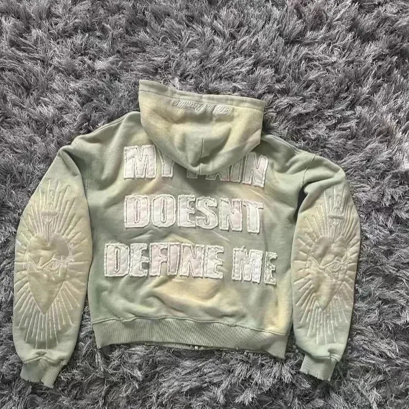 Y2K Vintage Casual Sweatshirt 2026 Fashion Cropped Tie-Dye Hoodie Men Light Green Letter Embroidery Heart Graphic Streetwear 260311