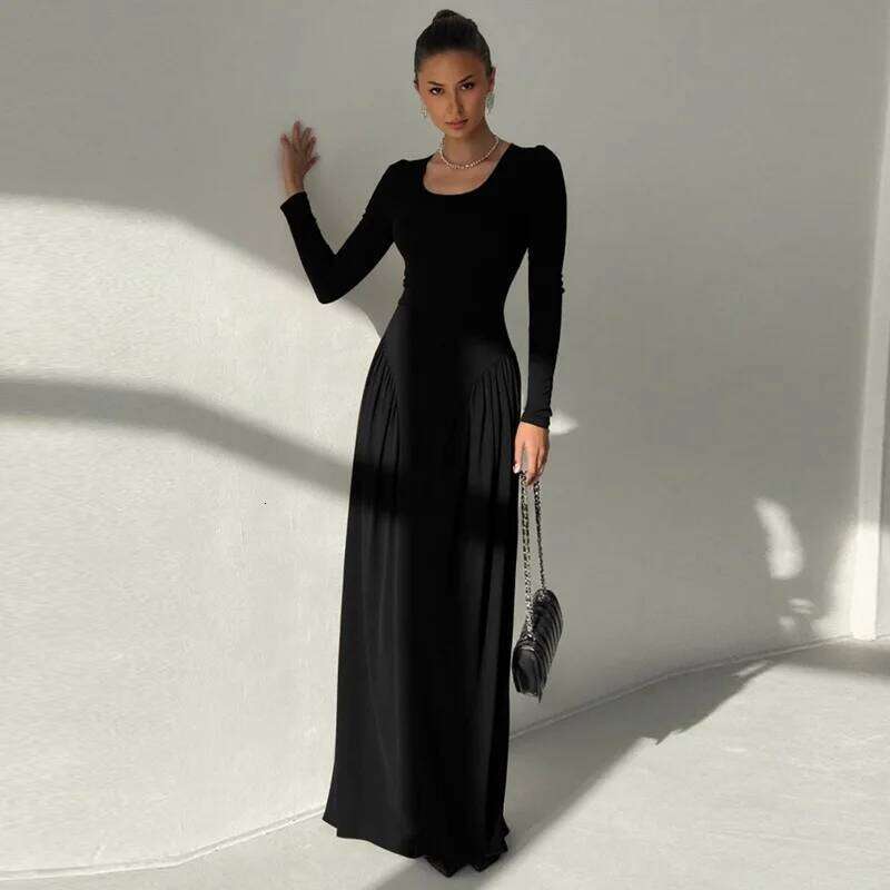 Hipster Ruched Dress Women U-NeckFull Sleeve Skinny Stretch Robe Autumn Trend Simple Classic Lace-up Pleats Long Bodycon Vestido C260312