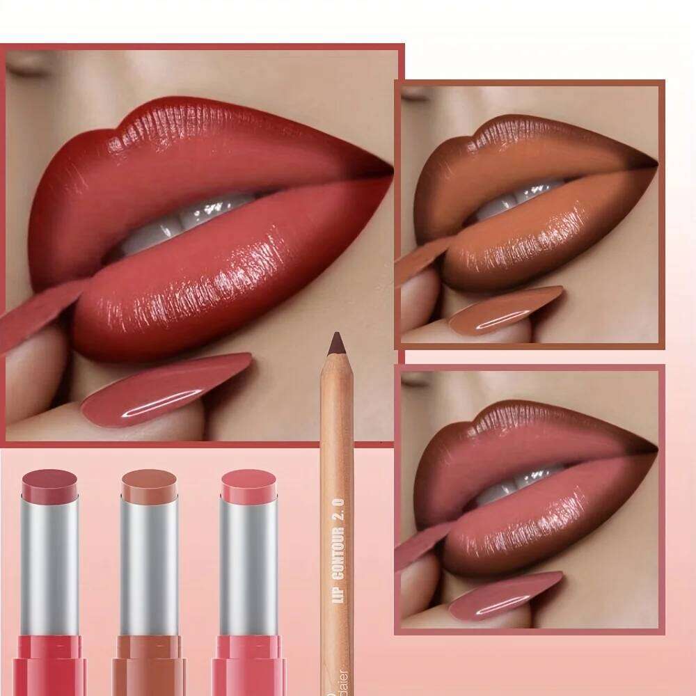3pc Long-Lasting Lip Liner Lipstick Set - Creamy Texture, Complimentary Pencil Sharpener, Easy to Apply, lip gloss W260311