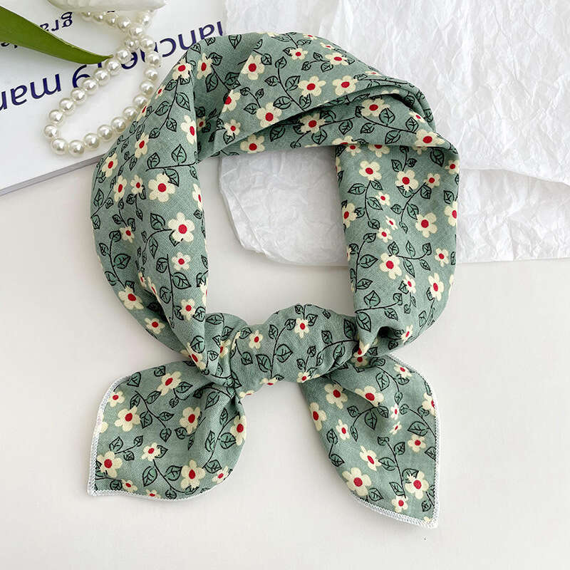 Cotton Linen Square For Women Spring Summer New Korean Style Fresh Floral Elegant Protection Small Neck Hair Band Headscarf Silk Scarf Liuyuemoshang
