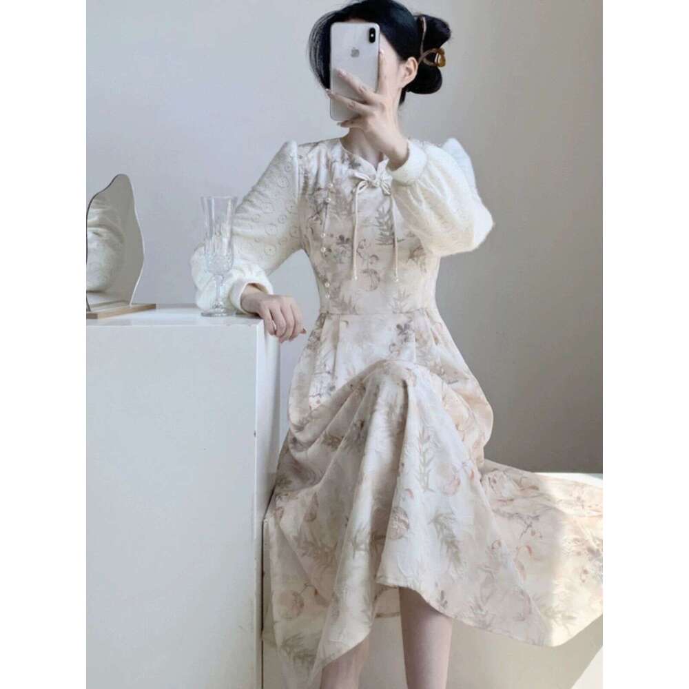 New Chinese-Style Floral Women, Autumn Winter New Model, With Added Fleece And Thickness, Suitable For Layering Under A Coat, Long Cheongsam Dress
