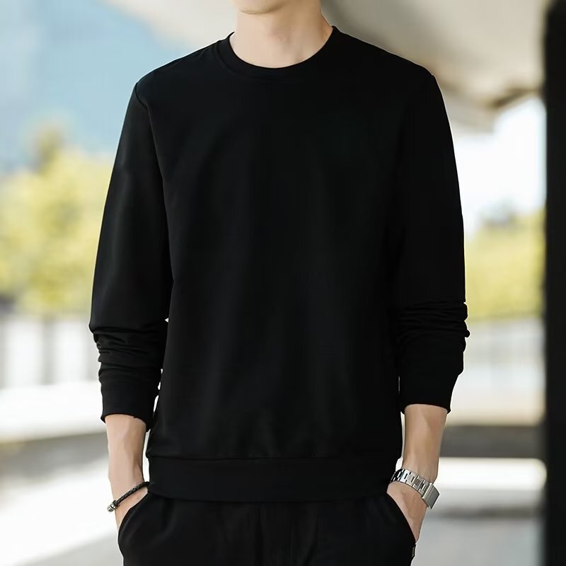 Trendy Loose-fit Round-neck Solid Color Sweatshirt For Men Spring And Autumn Style Simple Inner Designer Hoodie Layer Hong Kong Style Men's Plain