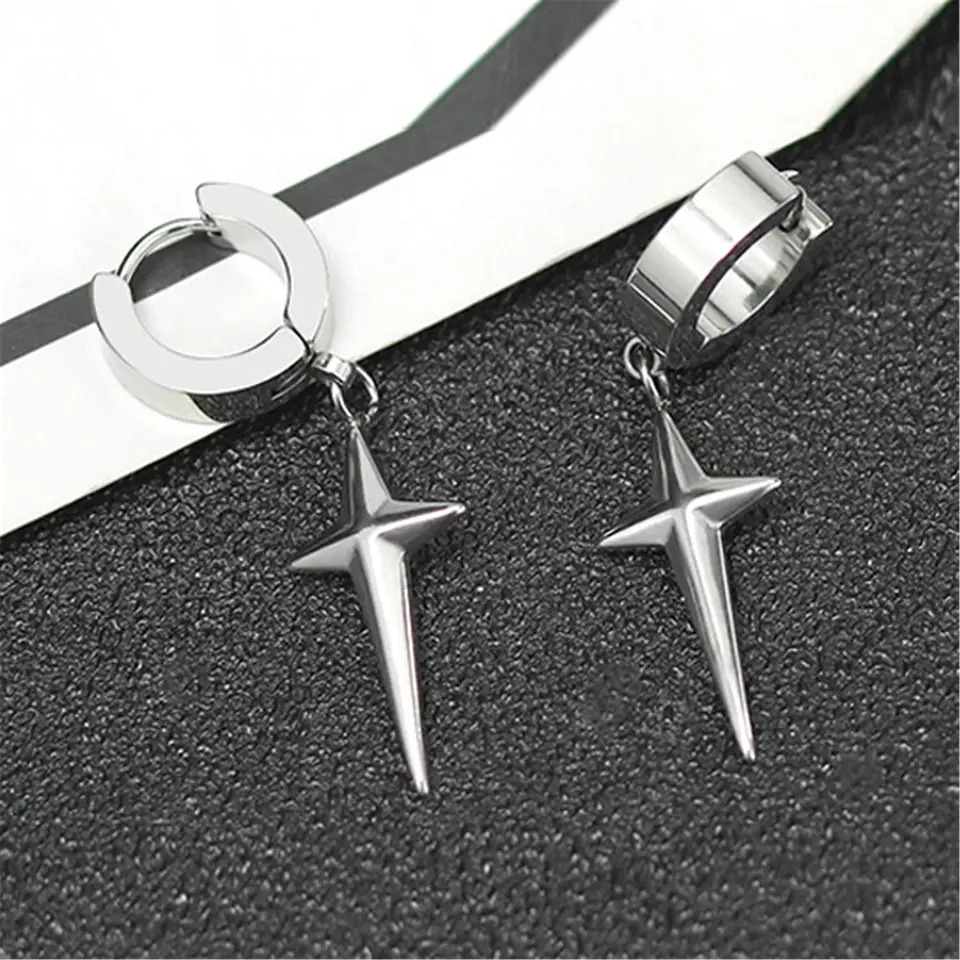 2/4pcs Punk Stainless Steel Cross Star Dangle Drop Earrings Kpop Geometry Huggie Hoop Earrings for Men Women Statement Jewelry 260302
